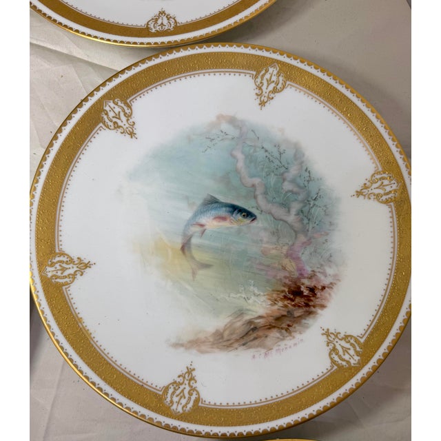 Ceramic Set of 6 Antique 1800's Hand Painted Limoges Tressemanes & Vogt Porcelain Fish Plates For Sale - Image 7 of 18