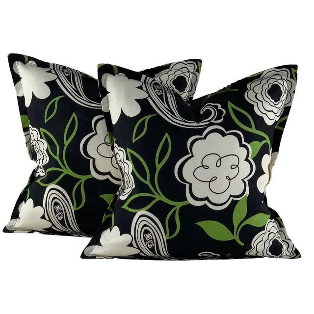 Textile Premier Prints MM Designs Black Cream & Green Botanical Floral Leaf Leaves Paisley Pillow Covers- a Pair For Sale - Image 7 of 7