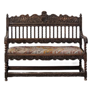 Late 19th Century English Jacobean Revival Carved Hall Bench With Vintage Turkish Kilim Upholstery For Sale