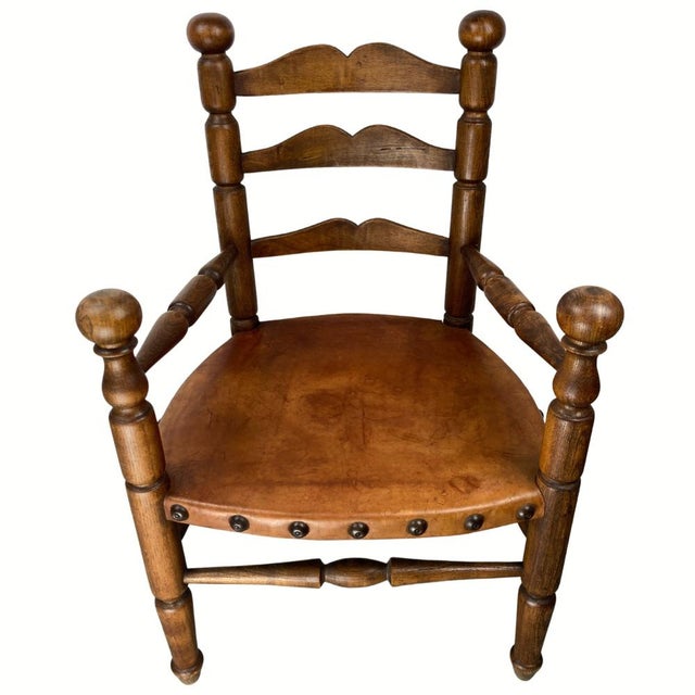 French Farm Chair with Leather Seat in the Style of Charles Dudouyt, 1950s For Sale - Image 16 of 18