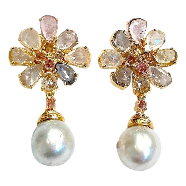 Bochic "Orient" Vintage Sapphire & White Pearls Earrings Set 18K Gold & Silver For Sale