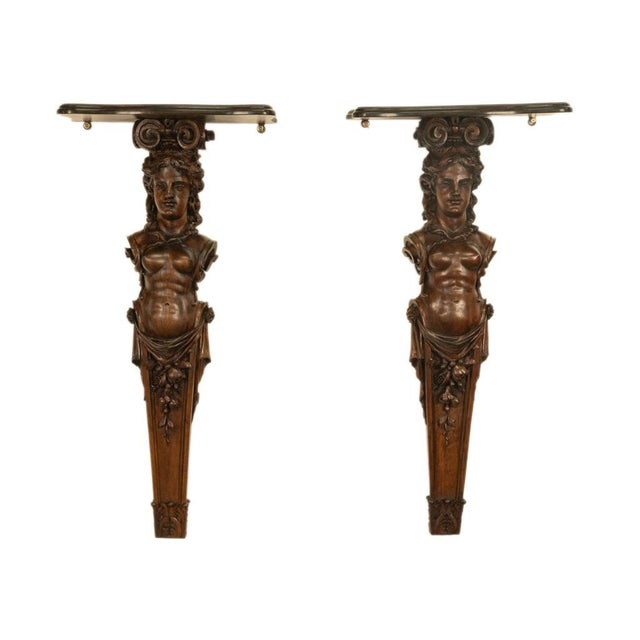 Antique 19thC Italian Carved Walnut Renaissance Revival Pair Caryatid Brackets, Circa 1850 For Sale - Image 4 of 15