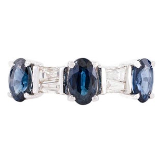 Vintage Style Blue Sapphire and Diamond Three Stone Ring Size 7 in 14k White Gold For Sale