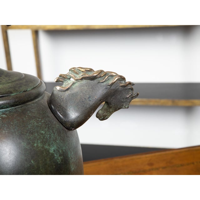 Midcentury English Verdigris Bronze Two-Light Table Lamp with Horse Heads For Sale - Image 10 of 10