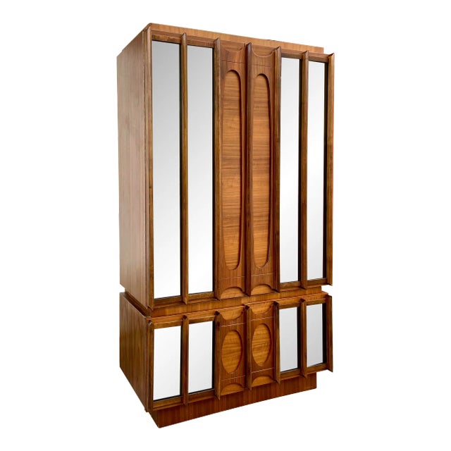 Mid Century Modern Brutalist Armoire Dresser + Inset Smoked Mirrors | by Tobago For Sale