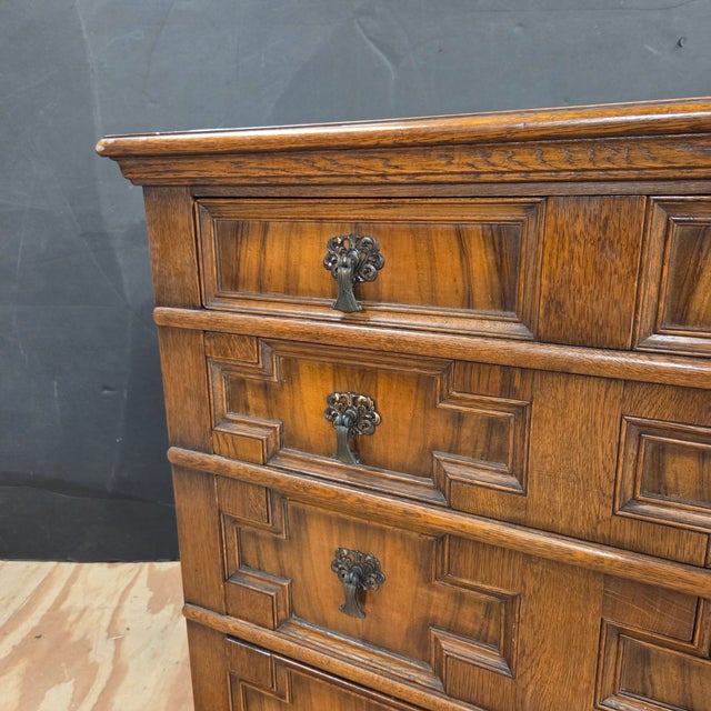 Brown Late 19th Century Golden Oak 5 Drawer Geometric Patterned Chest of Drawers on Bun Feet For Sale - Image 8 of 14