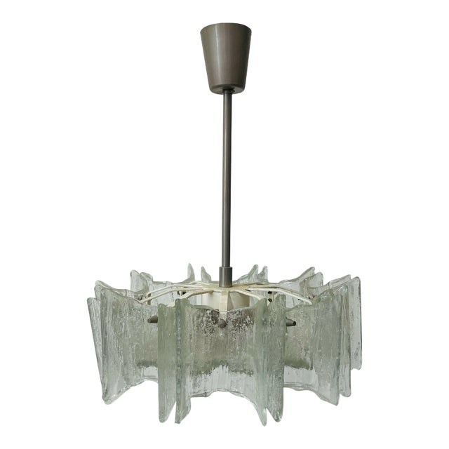 Small Swedish Mid-Century Modern Chandelier / Pendant, Slumped Glass and Brass For Sale