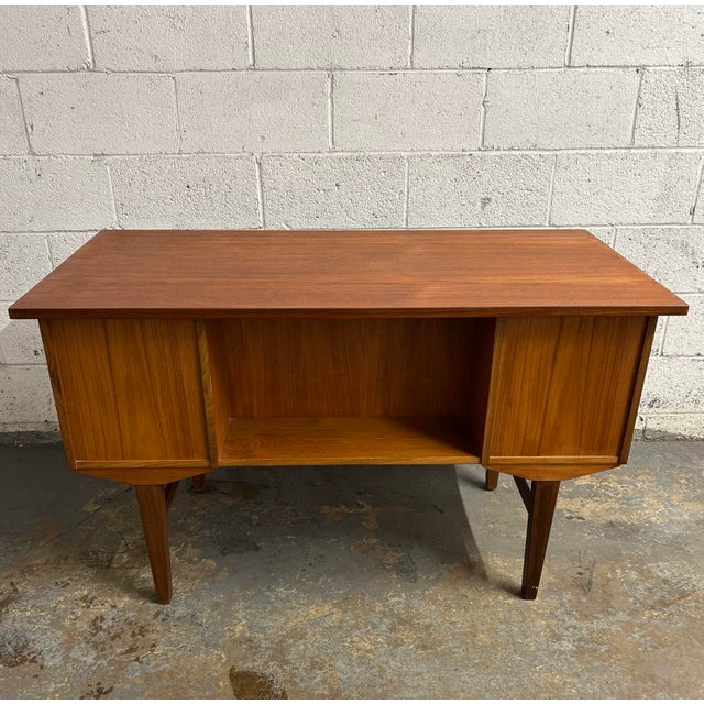 Mid-Century Modern 1960s Danish Teak Mid Century Modern Freestanding Desk With Bookshelf Back With Original Key For Sale - Image 3 of 9
