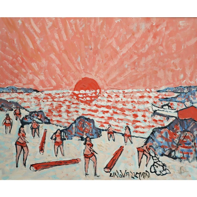 Mid-Century Modern 'Coral Sunset' Original Coastal Landscape Oil Painting by Swedish Artist Uno Vallman (1913-2004), Framed For Sale - Image 12 of 13