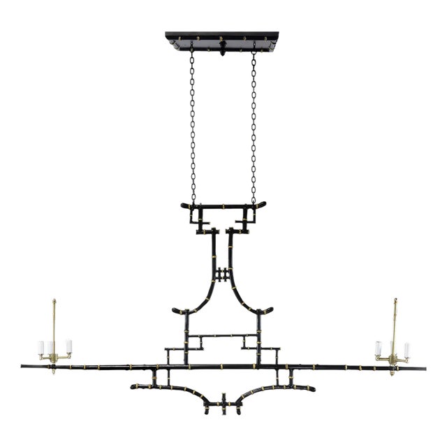 Vintage Black and Gold Bamboo-Inspired Iron 60-Inch Double-Ended Pool Table/Long Dining Table Pendant Light For Sale