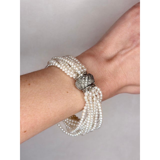 Modern 3.1mm Akoya Japanies Pearl Multi Strand Bracelet, 14kwg Diamond Clasp, 8 Inch For Sale - Image 3 of 8