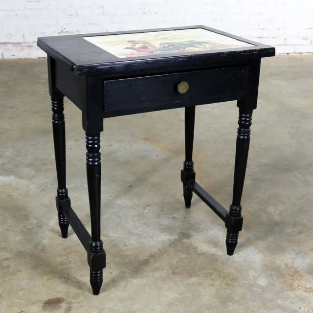 Vintage Black Turned Leg Drawered End Table With Matador and Bull Tile Insert Top For Sale - Image 4 of 13