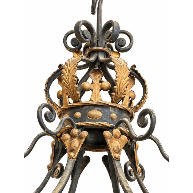 Late 19th Century Antique French Gothic Revival Crown Chandelier Wrought Iron 12 Lights For Sale - Image 5 of 8
