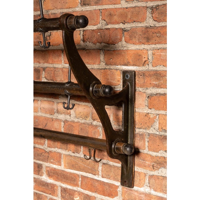 Wood Early Two-Tier Wall Mounted Firehouse Coat Rack With Wood Rails For Sale - Image 7 of 8