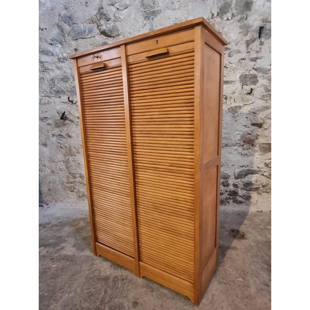 Vintage French Tambour Cabinet in Oak, 1960s For Sale - Image 6 of 18