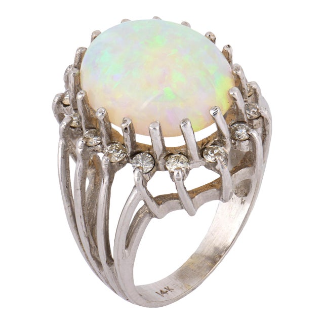 Vintage Cabochon Cut Opal Diamond 14k White Gold Cluster Ring, Size 6.5 For Sale