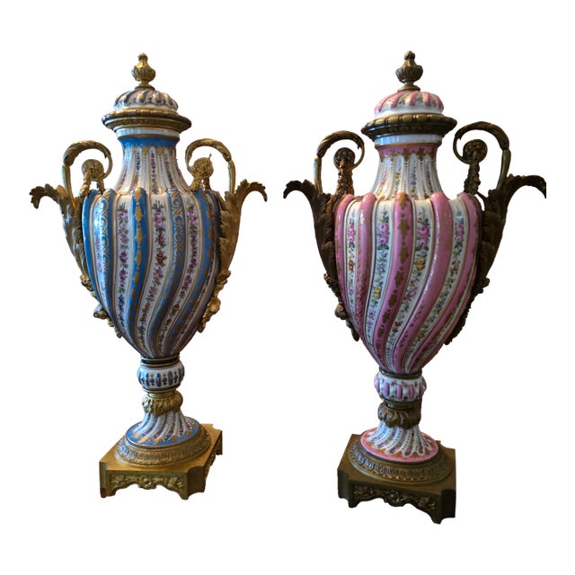 Antique Signed Sevres Pr Urns Raised Gold Roses For Sale
