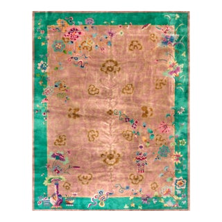 Wool Pile Hand Knotted Room Size Soft Mauve Color Antique Chinese Art Deco Area Rug For Sale