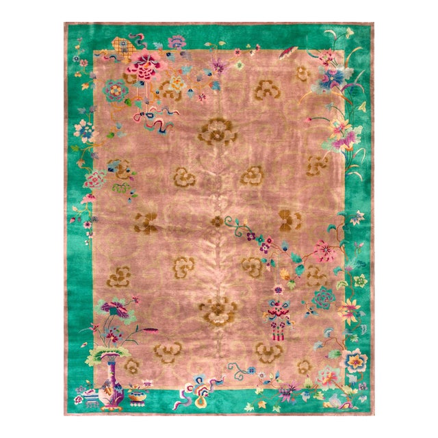 Wool Pile Hand Knotted Room Size Soft Mauve Color Antique Chinese Art Deco Area Rug For Sale