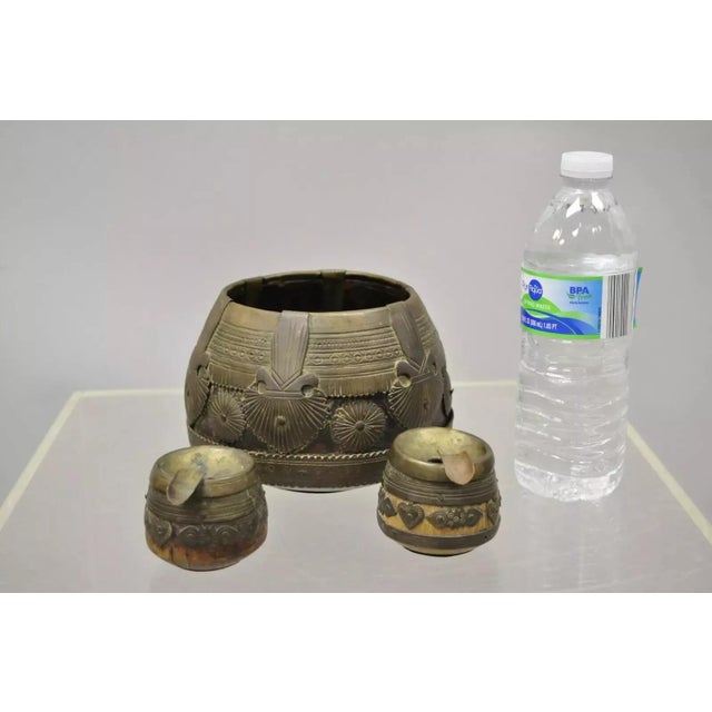 19th C. Antique Indian Brass and Wood Smoking Tobacco Jar, Box & Ashtray Set - 3 Pieces For Sale - Image 10 of 11