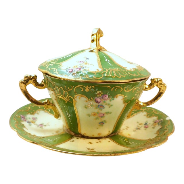 1930s Dresden Covered Two Handle Dessert Cup and Underplate With Raised Gold Trim For Sale