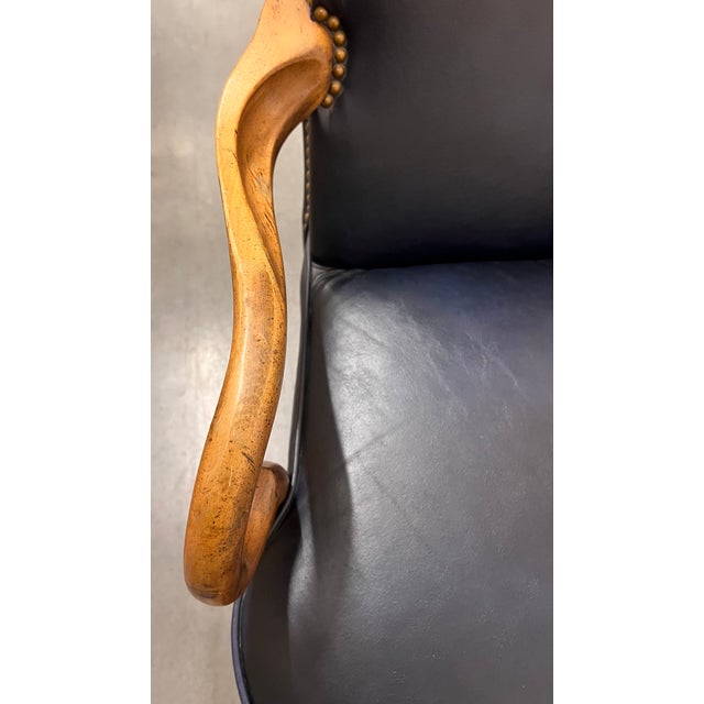 Navy Blue Pair of Vintage Sam Moore Traditional Armchairs in Leather-Like Vinyl With Nailhead Trim For Sale - Image 8 of 12