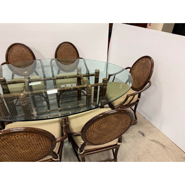 McGuire Furniture Oval Glass Top Dining Table + Six Double Cane Back Dining Armchairs, Vintage Set For Sale - Image 9 of 15