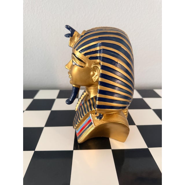 Traditional Pharaoh Bust | Tutankhamun Decor Statue | Gold Blue Ancient Egypt Sculpture For Sale - Image 3 of 5
