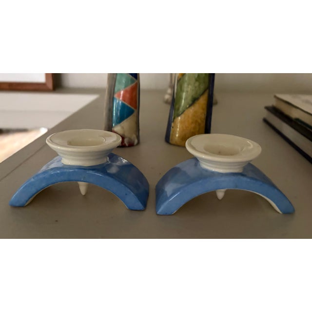 Ceramic Pair of Vintage Czech Blue & Cream Ceramic Candlesticks For Sale - Image 7 of 11