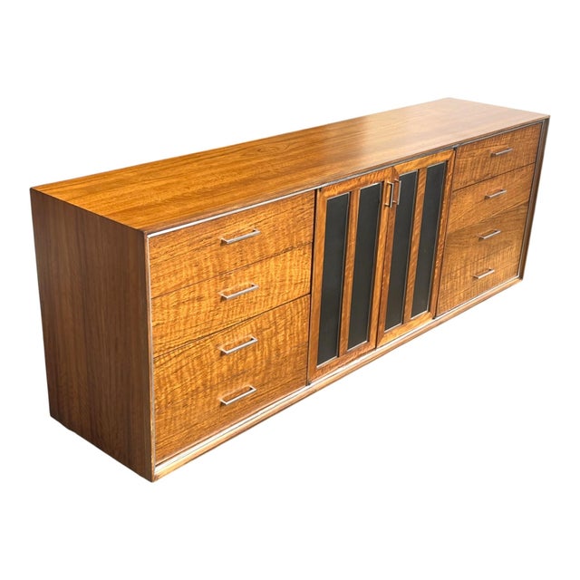 1960s Mid-Century Modern Walnut Credenza With Chrome Accents and Floating Base For Sale - Image 14 of 16