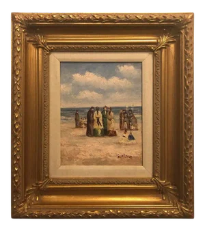 1980s Oil on Canvas Beach Scene Impressionistic Painting