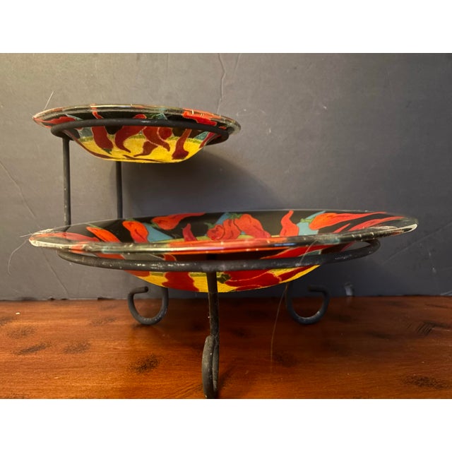 Sculptural two-tier fused glass serving bowls by Peggy Karr, paired with a coordinating metal stand. Designed for...