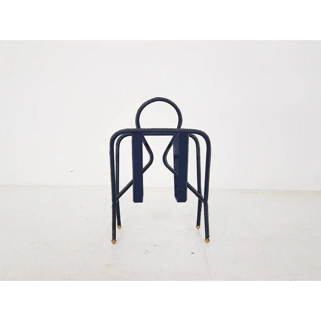 French Blue Leather Stitched Magazine Rack by Jacques Adnet, 1950s For Sale - Image 3 of 9