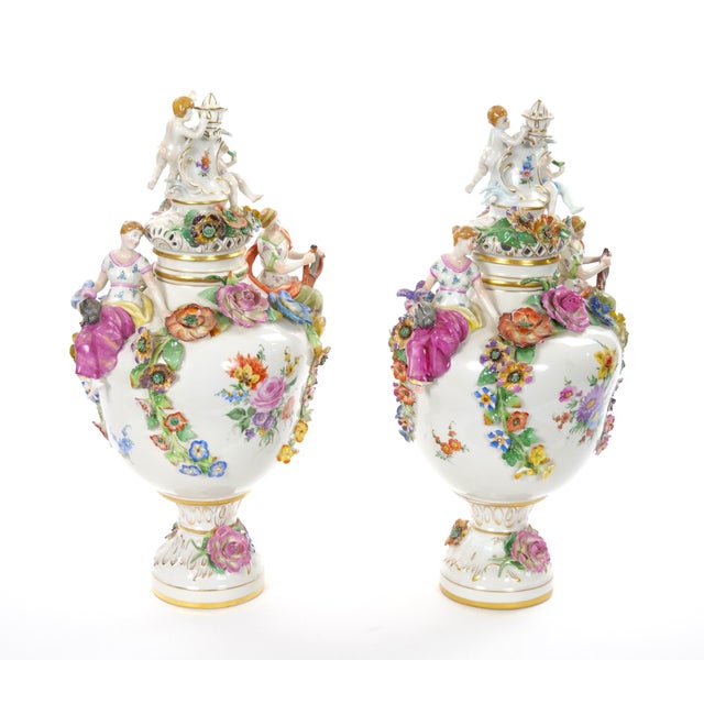 Rococo 19th Century Meissen Rococo Style Flower-Encrusted Covered Urns From Germany For Sale - Image 3 of 13