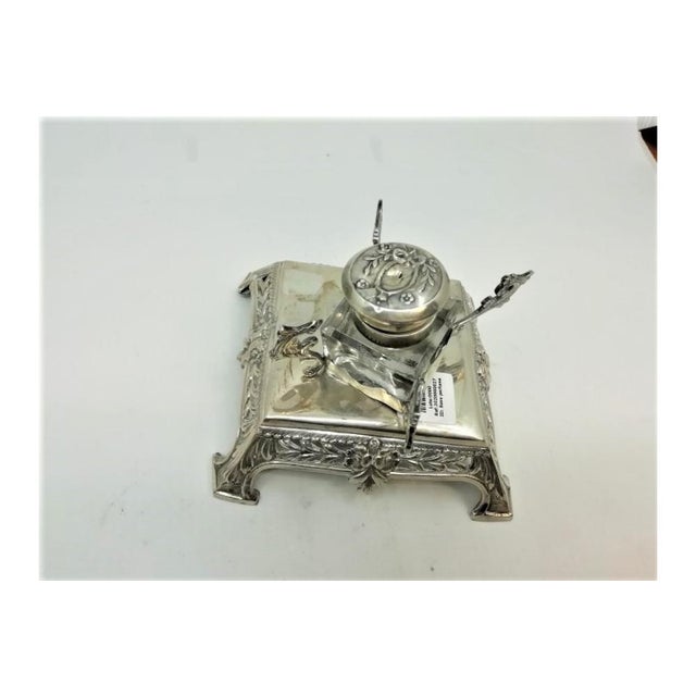 Openwork Silver Inkwell with Pen Holder For Sale - Image 3 of 8