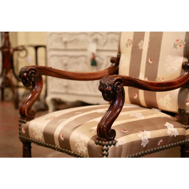 Wood Pair of 19th Century French Louis XIII Walnut Fauteuils With Carved Ram Heads For Sale - Image 7 of 12