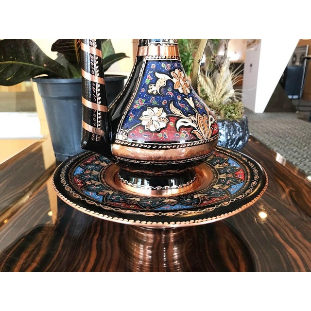 Blue Handmade Green and Blue Floral Design Pitcher Set with Plate For Sale - Image 8 of 10