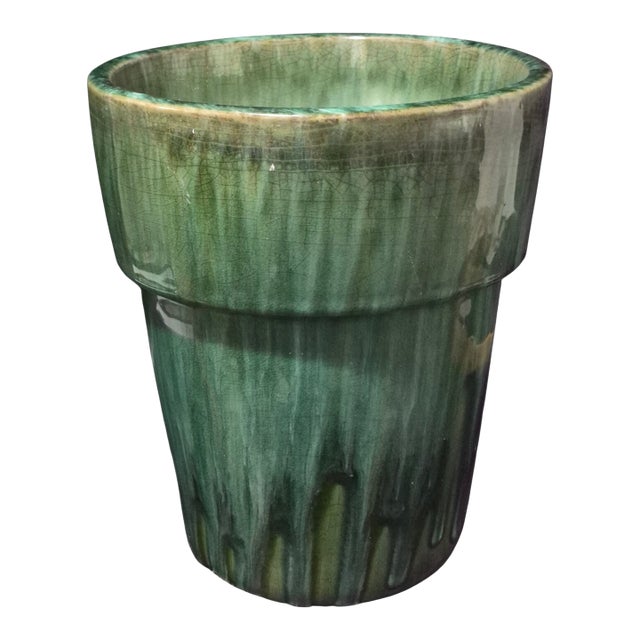 Vintage Mid-Century Green Glazed Terra-Cotta Pottery Heavy Cache Pot Planter For Sale
