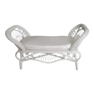 Vintage White Wicker Detailed End of the Bed Rounded Side Cushion Bench