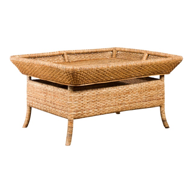 Vintage Burmese Rattan and Bamboo Coffee Table with Tray Top and Splaying Legs For Sale