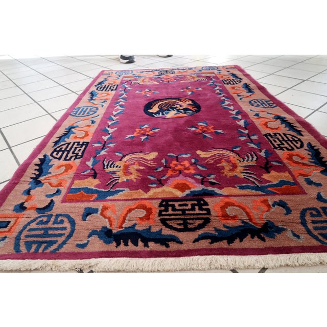 Introducing our captivating Antique Art Deco Chinese Rug from the 1920s, measuring 3.1’ x 4.5’ and boasting timeless...