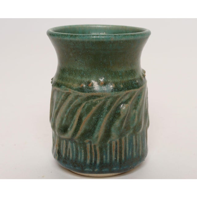 Mid-Century Modern Petite Vintage Green Glaze Studio Ceramic Sgraffito Bud Vase by Deanna Nichols For Sale - Image 3 of 11
