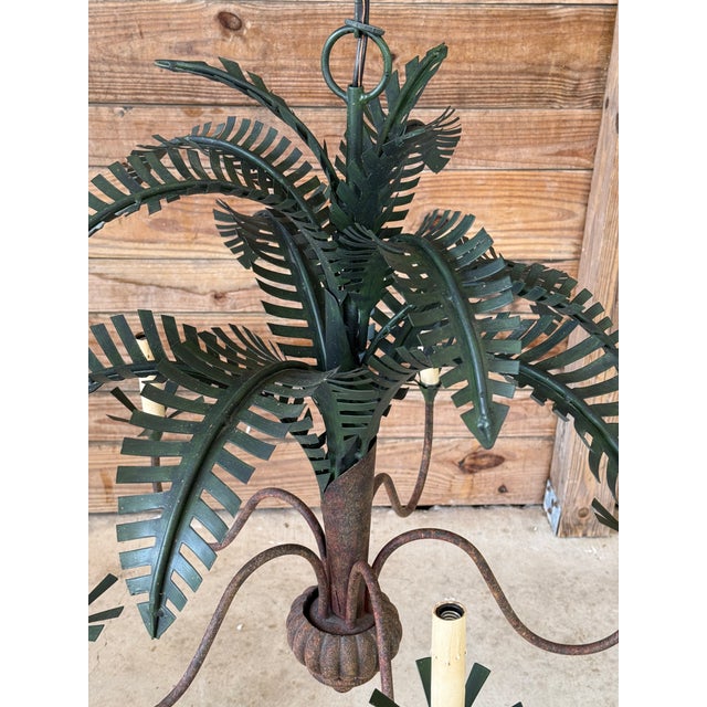 Coastal Regency Sculptural Currey & Co Metal Tole Palm Leaf Chandelier For Sale - Image 9 of 12