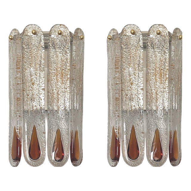 Italian Amber Murano Glass Wall Sconces from Mazzega, 1970s, Set of 2 For Sale