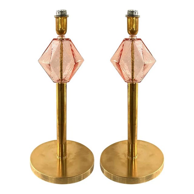Italian Pink Murano Style Glass Table Lamps with Unlaquered Brass by Simoeng, Set of 2 For Sale - Image 7 of 8
