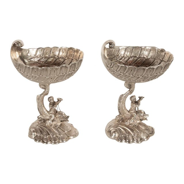 Antique Pair German Silver Master Salts Grotto Shells Putti Dolphins Hannau 1890 For Sale - Image 12 of 17