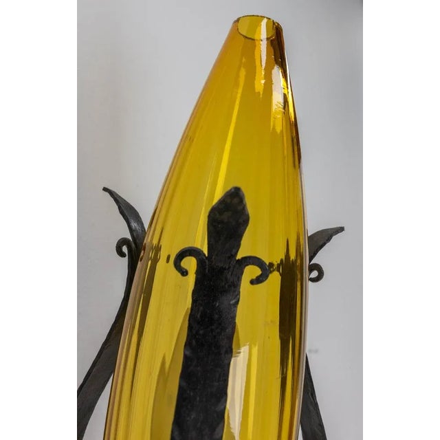 Goldenrod Amber Glass & Wrought Iron Outdoor Sconces, France, 1960, Set of 2 For Sale - Image 8 of 9