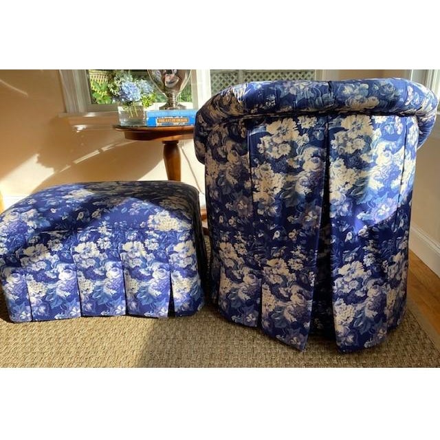 Wood Custom Tufted Chair & Ottoman in Ralph Lauren For Sale - Image 7 of 12