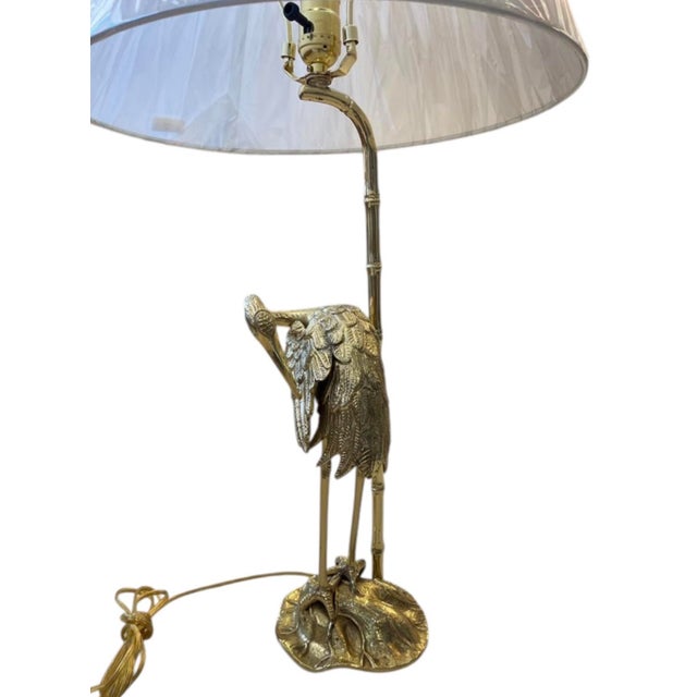 Metal Vintage Hollywood Regency Brass Crane & Faux Bamboo Table Lamp For Sale - Image 7 of 12