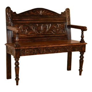 19th Century English Oak Carved Bench For Sale